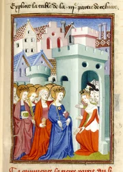 正義、処女と聖人、MS Harley 4431、f.361r、フランス、c.1410-14（羊皮紙の色）