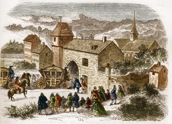 1680年頃、ポート・ロイヤルにメル・ド・フォンタンジェ（1661-1681）を訪ねるルイ14世（1638-1715）の姿。古代から現代までの世界のすべての民族における売春と放蕩の歴史」に掲載されているエングレーヴィング。-F.Debrayによる "The history of prostitution and debuche among all peoples from antiquates to the present day "の版画。1879.