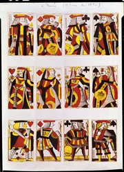 キング、クイーン、ジャックのトランプ（色の木版画）