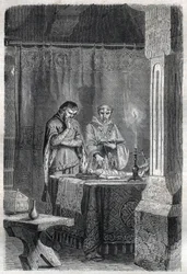 フランス王シャルル5世（1338年～1380年）が母親たちに相談している様子。モーリス・ラシャトレ著「ローマ教皇の歴史（...）世紀を超えた王妃と皇帝の犯罪」に掲載された図版