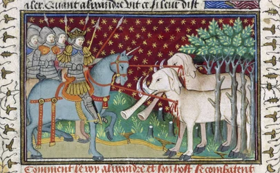 「シュルーズベリー・タルボット・ブック・オブ・ロマンス」からの象を攻撃する騎士、1445年頃（ベラム）