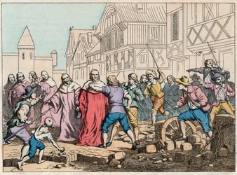 La Fronde（1648年8月27日）-パリのバリケード：議会議長マチュー・モール（1584-1656）を脅かすローターボーイ-反乱軍に手を焼かれるモール議長-「Nos Gires Nationales - Images et reci」に掲載されている19世紀末のエングレーヴィング。