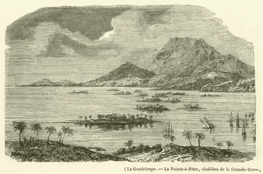 グアドループ、1843年2月8日の地震で部分的に破壊されたグランドテールの主要都市、ラ・ポワント・ア・ピートル（エングレーヴィング