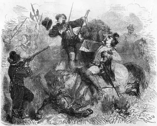 信仰の自由のために戦ったリムーザンの紳士、ラ・ルノーディは1559年3月16日に戦闘で死亡。Histoire Populaire de la France", sd. 1885年頃に掲載。エングレーヴィング。