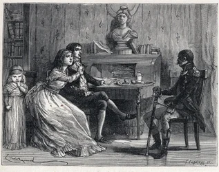フランス革命時のラ・テールール。投獄されていたカミーユ・デムーラン（1760-1794）は、妻のルシエル（1770-1794）と牧童のギヨーム・ブリュン（1763-1815）の訪問を受けた。