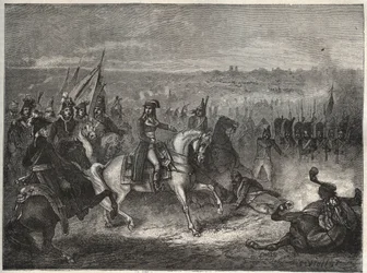 La battle de Lonato - NAPOLEON AT LONATO - CASTIGLIONEの第2の戦いとも呼ばれる：イタリア遠征において、ナポレオンはウルムザー率いるオーストリア軍を破り、マントヴァに退却させた。1796年8月3日 - モーリス・ラ・シャールによる新国民百科事典