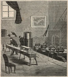 La liquefaction des gaz dans le laboratoire de Raoul Pictet (1878) - Raoul Pierre Pictet (1846-1929) スイスの物理学者で、水素ガスを液化・固化させる実験を行い、低温での物質の性質を研究した - 「Scie」誌に掲載された版画