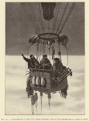 1875年4月15日の登頂、ゼニス社のゴンドラに乗ったガストン・ティサンディエ、シヴェル、クローチェ＝スピネリ（エングレービング
