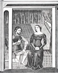 Launcelot ja Guinevere 1300-luvun käsikirjoituksen pienoismallin jälkeen Paul Lacroix -pubin Science and Literature in The Middle Ages -julkaisusta. Lontoo 1878