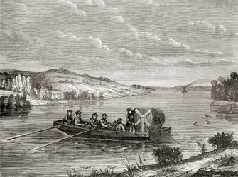 1860年頃、アメリカの川の下に敷設された電信ケーブル（1870年頃に出版された『Les Merveilles de la Science』より）（エングレーヴィング