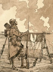 ル・ブルーエ。 第一次世界大戦の退役軍人と犠牲者のための、フランスの記憶と連帯の象徴。 第一次世界大戦のフランスのプロパガンダのイラストで、時代を超えたフランスの勝利を連想させます。 1917年に発行されたBuvard du Bon Marcheのアジェンダより。