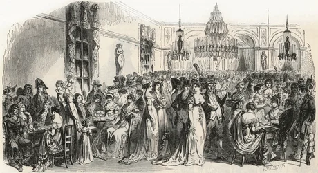 19世紀のパリのカフェ・フラスカティの大サロン - Edmond Texier 1852年の "Tableau-de-Paris "に掲載されたエングレービング。
