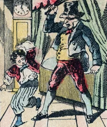 Le Pere Fouettard 愚かな子供を鞭で罰したり、言うことを聞かない子供を囲ったりする伝説的な民話のキャラクター、エピナルのイメージ。