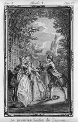 愛の最初の口づけ。ジャン＝ジャック・ルソー（1712-1788）著『ジュリ、または新エロイーズ』の挿絵、1769年版