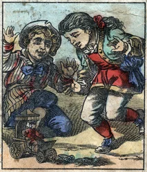 ブロブディンナグの巨人族の子供たちにおもちゃにされるレミュエル・ガリバー（Lemuel Gulliver）。ジョナサン・スウィフト（1667-1745）の『ガリバー旅行記』の挿絵。エピナル画像 19世紀後半