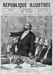 セーヌ川のワイン泥棒たちの宴で演説するレオン・ガンベッタ（1838-1882）。新聞紙面。個人コレクション「La republique illustree」の1880年のエングレーヴィング。