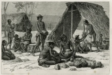 陶器を作るインド人ガリビス（またはカリナス）、D.Maillartの彫刻、1876年から1877年にかけてフランス海軍の医師ジュール・クレヴォー博士が行ったギアナ奥地の探検航海を説明するためのもので、「tour du monde」誌に掲載された。
