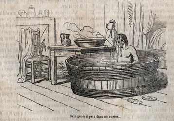 Les gestes du bain - Hygiene au 19th century - bath in a bowl - engraving in "La Sante Universelle - Guide Medical des Familles" 1852年