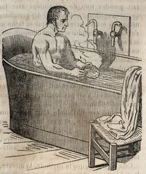 Les gestures du bain - 19世紀の衛生学 - バスタブの中の男性 - 1852年の "La Sante Universelle - Guide Medical des Familles "のエングレービング