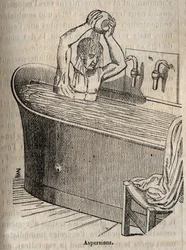 Les gestures du bain - 19世紀の衛生学 - バスタブの中の男性 - 1852年の "La Sante Universelle - Guide Medical des Familles "のエングレービング