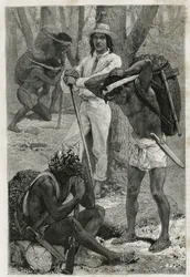 ダリエン（パナマ東部の地域）のポータ（カウシェロス）たち。1876年から1878年にかけて船の中尉だったA.レクルスが「ツアー・デュ・モ」に掲載したパナマとダリエンの島での探検物語を説明するために、D.Maillartが描いた絵の後のエングレーヴィング。