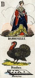 ダモワゼル、ターキー、ドミノなどの文字D。小さな百科事典のようなアルファベット。1860年頃、エピナルの画像。木版画、ステンシル、金箔貼り。寸法：37,8x50,3cm。プライベート・コレクション