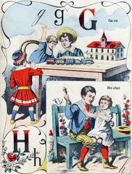 Letter G H: station and rattle.ABC des joux pour petits boys "のエングレーヴィング。ポン・ア・ムソンの画像化、Louis Vagne、印刷・出版業者、19世紀後半。寸法：32,5x25cm