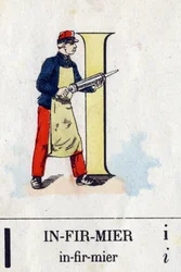 看護師としての手紙Iミリタリーアルファベット.エピナルのイメージング、1870-1880年頃。ステンシルカラーの木版画
