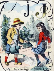 Letter J: Gardening.ABC des joux pour petits boys "のエングレーヴィング。ポン・ア・ムソンの画像化、Louis Vagne、印刷出版業者、19世紀後半。寸法：32,5x25 cm