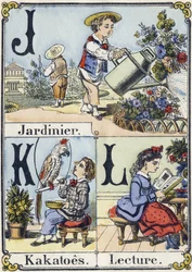 Letter J, K, L: gardener, kakatoes, reading.再現性のあるアルファベット。エピナル・イメージング。1880年頃のステンシルされた木版画。16ページの小さなブックレット
