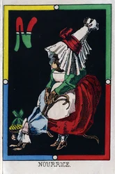 看護師としてのNの文字。サルのアルファベット。木版画。エピナルのイメージ