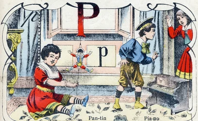 Letter P Pantin Piano.ABC des joux pour petits boys "のエングレーヴィング。ポン・ア・ムソンの画像化、Louis Vagne、印刷・出版業者、19世紀後半。寸法：32,5x25 cm
