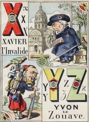 Letters X Y Z: Xavier the invalid and Yvon the Zouave.コミック・ミリタリー・アルファベット」のエングレーヴィング。第5シリーズ。エピナル撮影。Pellerin & Cie, Printers, Epinal, late 19th century.16ページ。寸法：25x18,5cm