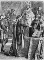 869年にローマで教皇アドリアン2世（792-872）の前で福音書に誓いを立てたロタリア2世（825-869）。モーリス・ラシャトレ著「Histoire des Papes-Rois-Queen and Empereurs a travers les centuries」に掲載されている図版
