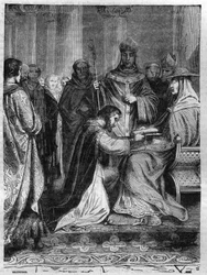 教皇アドリアン2世（792-872）の足元にいるロタリア1世（795-855）。モーリス・ラシャトレ著「Histoire des Papes-Rois-Queen and Empereurs a travers les centuries」に掲載されている図版