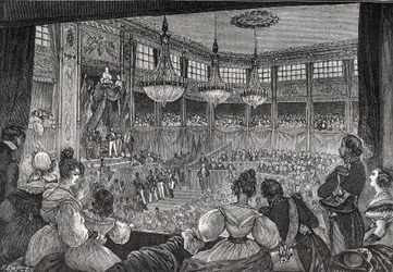 1830年8月9日、下院の前で王として宣誓するルイ=フィリップ1世 - 1830年の革命。"王ルイ・フィリップ1世（1773-1850）は、パの臨時ホールで再会した両院の前で、1830年の憲章を維持することを宣誓した。