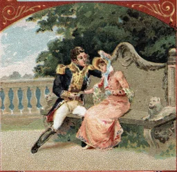 ワグラム公爵のルイ・アレクサンドル（Louis-Alexandre）・ベルティエ（1753-1815）と愛人のヴィスコンティ夫人、グロボア城にて。19世紀末のクロモリトグラフ