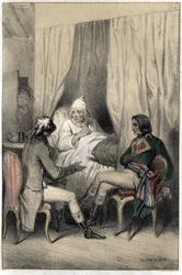 フランスの外交官・行政官であるルイ・アントワーヌ・フォーヴレ・ドゥ・ブーリエンヌ（1769-1834）とナポレオン・ボナパルト将軍（1769-1821）は、病気の老資本家にイタリア遠征のための資金を求めた。プレートは「Scenes de la vie des hommes famous」のエングラヴィからの引用。