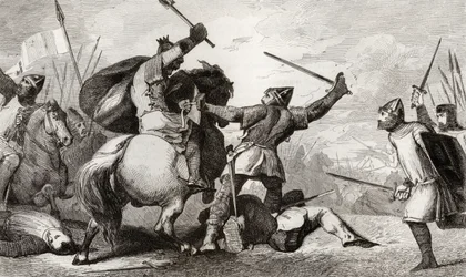 ルイ6世（1081-1137）ラージは、ブレンヌヴィルの戦いでイギリス人と戦っています。コラートによる「フランスの歴史」から、1840年頃に出版されました。