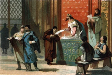 Louis VI dit Le Gros (1081-1137) は、コミューンの郵便制度の勅許を与えた。1890年頃のクロモリトグラフ。