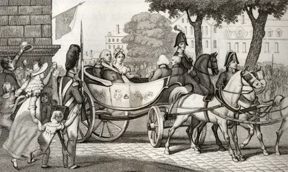 ルイ18世（1755-1824）は1814年の修復で、1840年に出版されたコラートの「フランスの歴史」からパリに入る