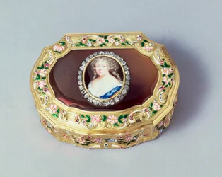 Louix XVオーバルスナッフボックス、ガブリエルガロワ作、パリ、1738年（金、瑪瑙、エナメル）
