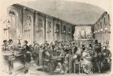 19世紀のパリのジョフロイ通りの叙情的な版画 - エドモンド・テクシエ1852年の「Tableau-de-Paris」に掲載されたエングレービング