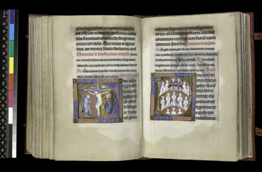 MS 300 f.198v-199r 「十字架への参拝と天使への参拝」（パリ、1265年から70年頃、フランスのイザベラの詩篇と時祷より）（羊皮紙にペンとインク、テンペラ