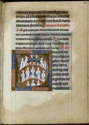 MS 300 f.199r 「天使への参政権」 フランスのイザベルの詩篇集からのフォリオ、1265年から70年頃（ベラムにペンとインク、テンペラと金の組み合わせ