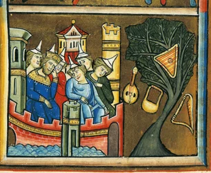 MS CXXXVII fol.139v 「バビロンで喪に服すユダヤ人、聖エリザベスの詩篇より」（ヴェルムにテンペラと金箔