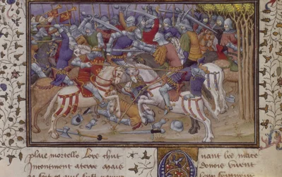 MS Royal 20 B.XX fol.16v パウサニアスによるフィリップの敗北、馬に乗った騎士の戦い、「ラ ヴレイ ヒストワール デュ ボン ロイ アリクサンドル」より 15 世紀初頭、疑似カリステネス (ベラム)