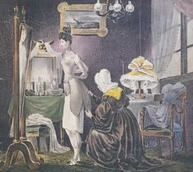 1830年頃、胸と下のパッドのドレスを着るように愛人を助けるメイド