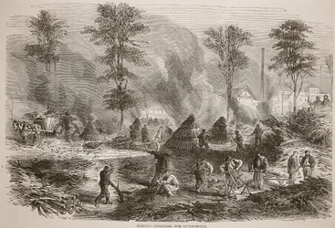 火薬用の木炭を作る、1870年から1871年のフランスとドイツ間の戦争のカッセルズ歴史からのイラスト