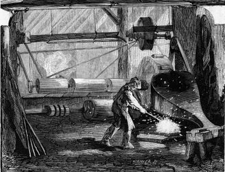 ライフル砲の製造：鉄片は赤のブランク。1857年12月12日付の "Le Monde Illustré "35号に掲載された図版。